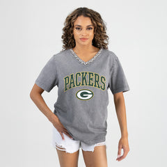Gameday Couture Women's Relaxed Iconic Edge Rhinestone V-Neck T-Shirt - Green Bay Packers