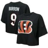 Joe Burrow Majestic Threads Women's Swarovski Crystals Boxy Cropped Name & Number T-Shirt - Cincinnati Bengals