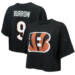 Joe Burrow Majestic Threads Women's Swarovski Crystals Boxy Cropped Name & Number T-Shirt - Cincinnati Bengals
