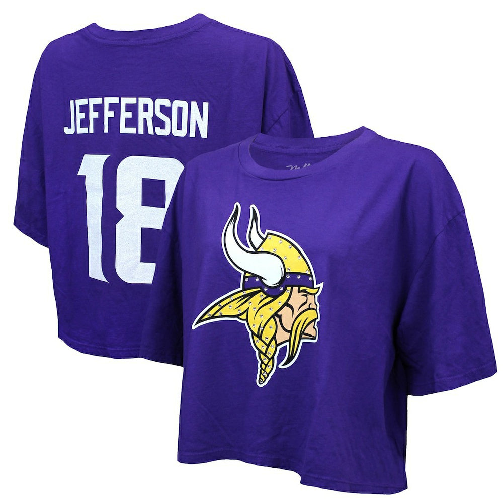 Justin Jefferson Majestic Threads Women's Swarovski Crystals Boxy Cropped Name & Number T-Shirt - Minnesota Vikings