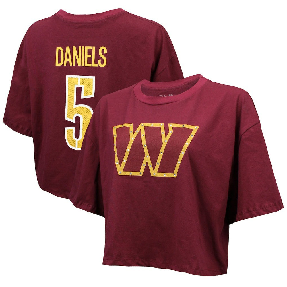 Jayden Daniels Majestic Threads Women's Swarovski Crystals Boxy Cropped Name & Number T-Shirt - Washington Commanders