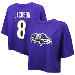 Lamar Jackson Majestic Threads Women's Swarovski Crystals Boxy Cropped Name & Number T-Shirt - Baltimore Ravens