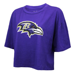 Lamar Jackson Majestic Threads Women's Swarovski Crystals Boxy Cropped Name & Number T-Shirt - Baltimore Ravens