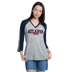 MLB Atlanta Braves G-III 4Her by Carl Banks Women's Speed Training 3/4-Sleeve Rhinestone V-Neck T-Shirt