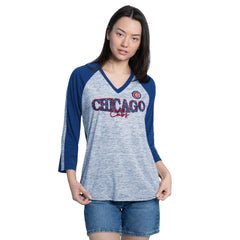 MLB Chicago Cubs G-III 4Her by Carl Banks Women's Speed Training 3/4-Sleeve Rhinestone V-Neck T-Shirt