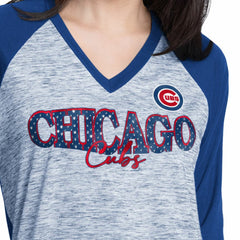 MLB Chicago Cubs G-III 4Her by Carl Banks Women's Speed Training 3/4-Sleeve Rhinestone V-Neck T-Shirt