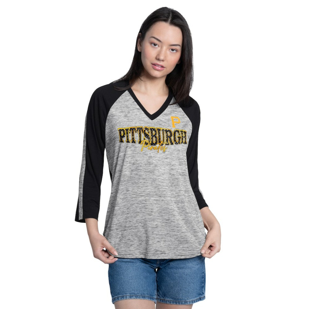 MLB Pittsburgh Pirates G-III 4Her by Carl Banks Women's Speed Training 3/4-Sleeve Rhinestone V-Neck T-Shirt