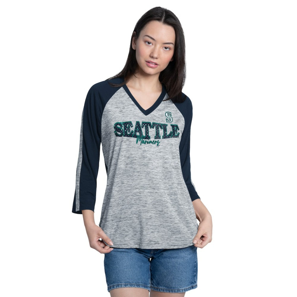 MLB Seattle Mariners G-III 4Her by Carl Banks Women's Speed Training 3/4-Sleeve Rhinestone V-Neck T-Shirt