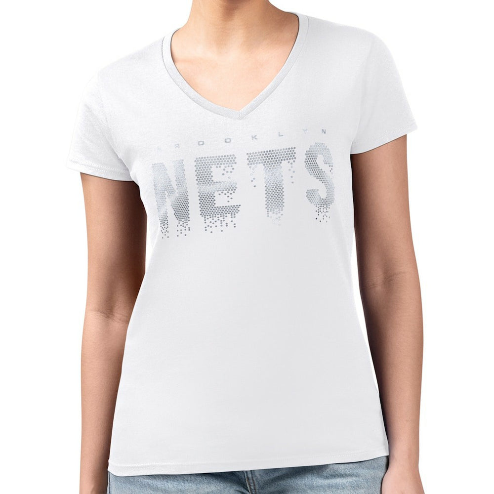 NBA Brooklyn Nets G-III 4Her by Carl Banks Women's Super-Slim-Fit Metallic Drop Lightweight V-Neck T-Shirt