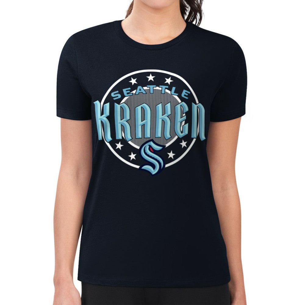 NHL Navy Seattle Kraken G-III 4Her by Carl Banks Women's Super-Slim Lightweight Pinstripe Circle Graphic T-Shirt