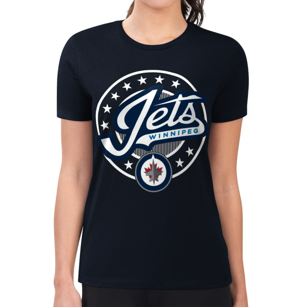 NHL Navy Winnipeg Jets G-III 4Her by Carl Banks Women's Super-Slim Lightweight Pinstripe Circle Graphic T-Shirt