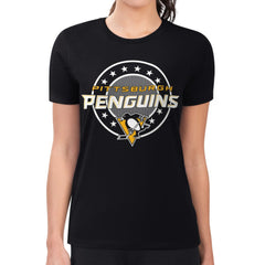 NHL Black Pittsburgh Penguins G-III 4Her by Carl Banks Women's Super-Slim Lightweight Pinstripe Circle Graphic T-Shirt