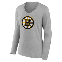 NHL Gray Boston Bruins Women's Primary Logo Long Sleeve V-Neck T-Shirt