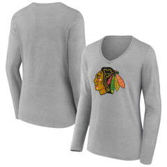 NHL Gray Chicago Blackhawks Women's Primary Logo Long Sleeve V-Neck T-Shirt