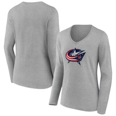 NHL Gray Columbus Blue Jackets Women's Primary Logo Long Sleeve V-Neck T-Shirt