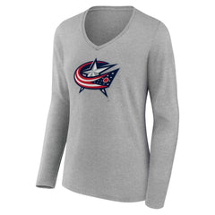 NHL Gray Columbus Blue Jackets Women's Primary Logo Long Sleeve V-Neck T-Shirt