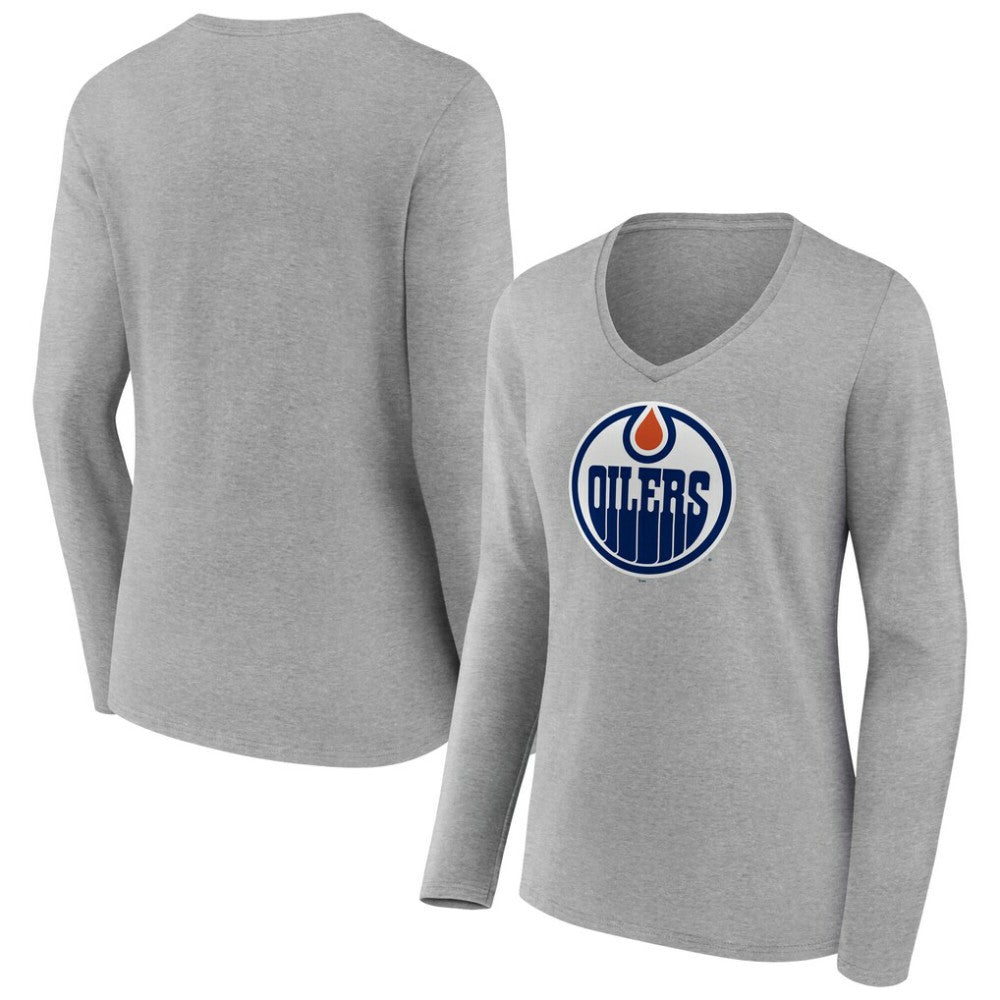 NHL Gray Edmonton Oilers Women's Primary Logo Long Sleeve V-Neck T-Shirt