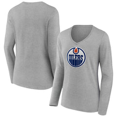 NHL Gray Edmonton Oilers Women's Primary Logo Long Sleeve V-Neck T-Shirt