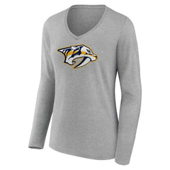 NHL Gray Nashville Predators Women's Primary Logo Long Sleeve V-Neck T-Shirt