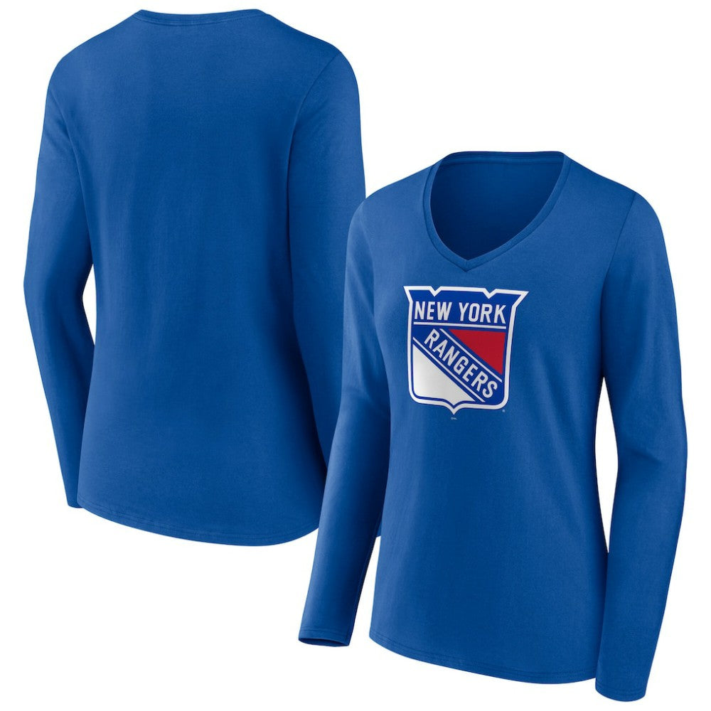 NHL Blue New York Rangers Women's Primary Logo Long Sleeve V-Neck T-Shirt