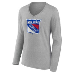 NHL Gray New York Rangers Women's Primary Logo Long Sleeve V-Neck T-Shirt