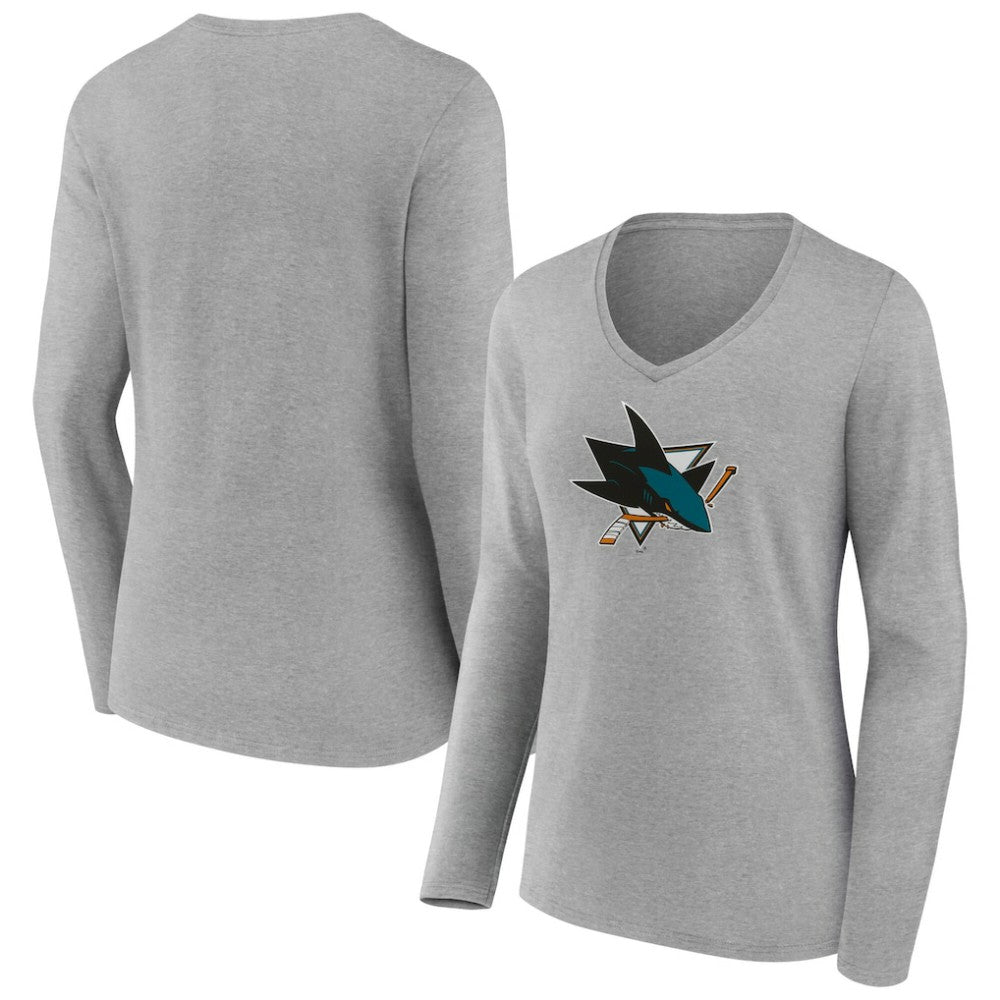 NHL Gray San Jose Sharks Women's Primary Logo Long Sleeve V-Neck T-Shirt