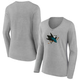 NHL Gray San Jose Sharks Women's Primary Logo Long Sleeve V-Neck T-Shirt