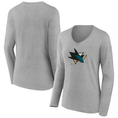 NHL Gray San Jose Sharks Women's Primary Logo Long Sleeve V-Neck T-Shirt