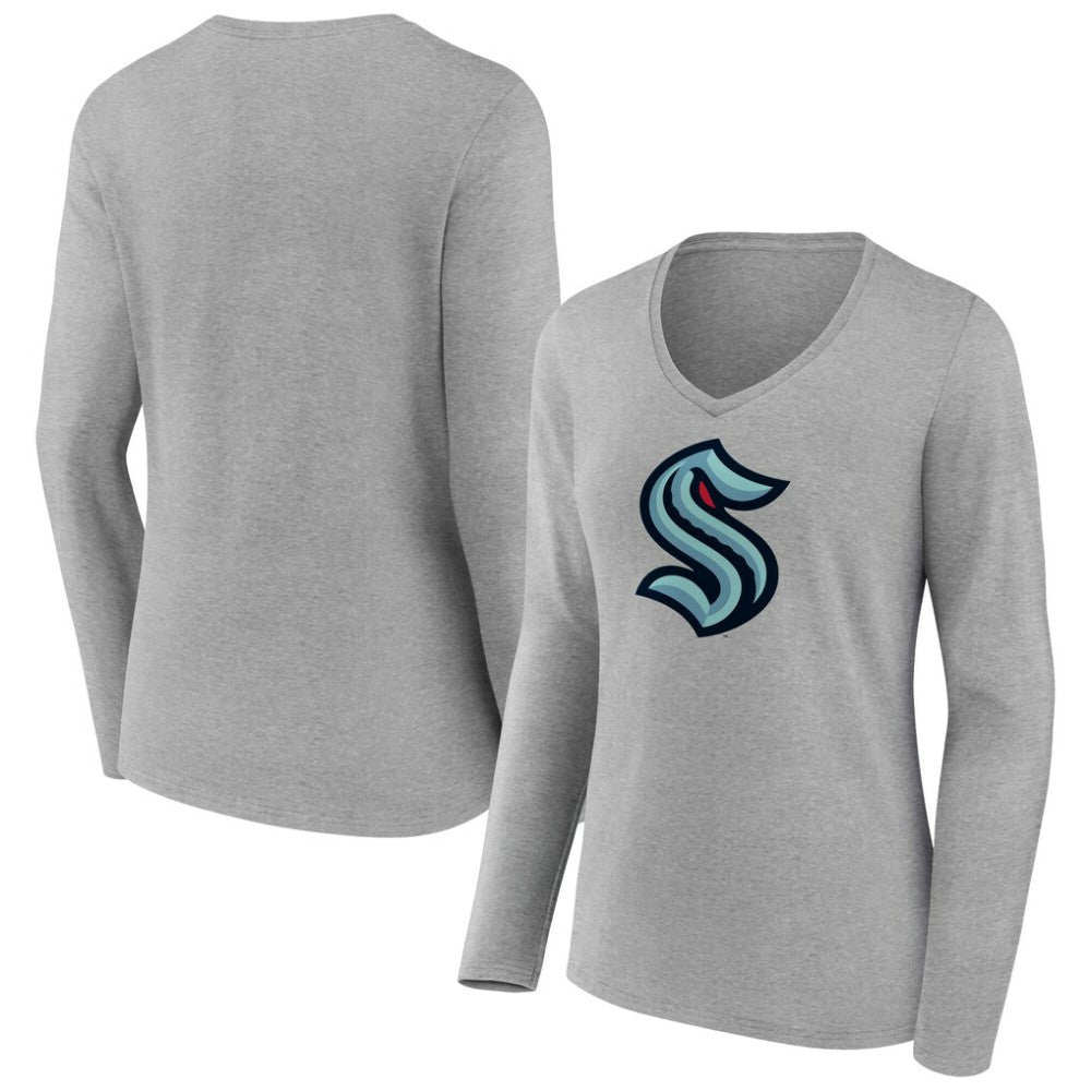 NHL Gray Seattle Kraken Women's Primary Logo Long Sleeve V-Neck T-Shirt