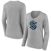 NHL Gray Seattle Kraken Women's Primary Logo Long Sleeve V-Neck T-Shirt