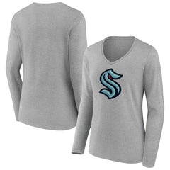NHL Gray Seattle Kraken Women's Primary Logo Long Sleeve V-Neck T-Shirt
