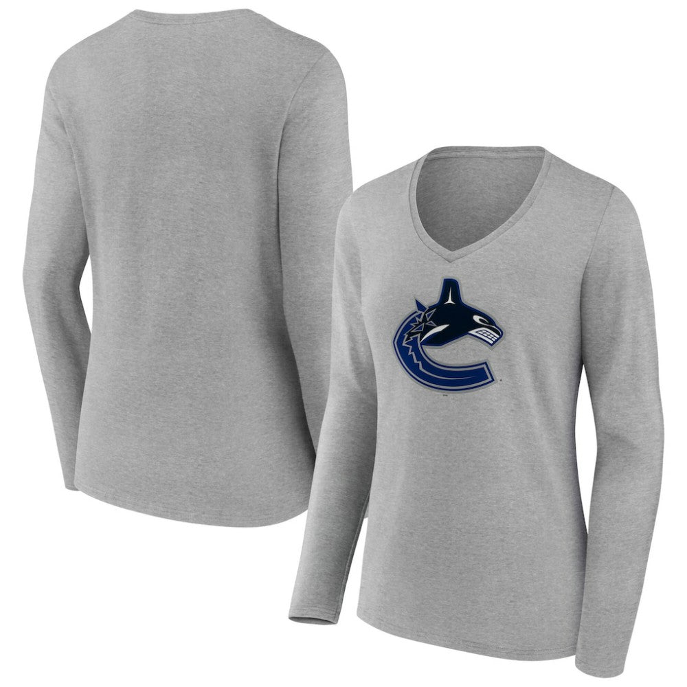 NHL Gray Vancouver Canucks Women's Primary Logo Long Sleeve V-Neck T-Shirt