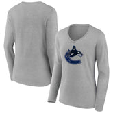 NHL Gray Vancouver Canucks Women's Primary Logo Long Sleeve V-Neck T-Shirt