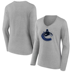 NHL Gray Vancouver Canucks Women's Primary Logo Long Sleeve V-Neck T-Shirt