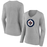 NHL Gray Winnipeg Jets Women's Primary Logo Long Sleeve V-Neck T-Shirt