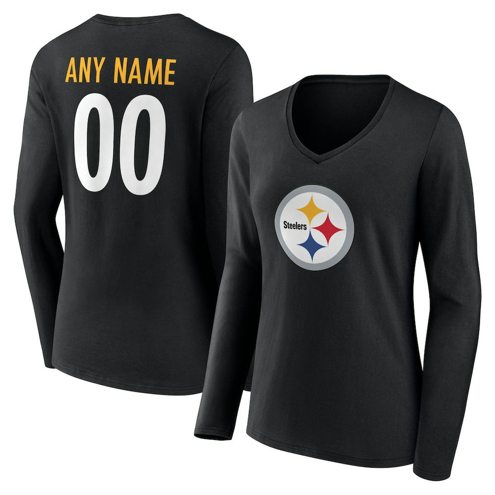 Women's Team Authentic Personalized Name & Number Long Sleeve V-Neck T-Shirt - Pittsburgh Steelers