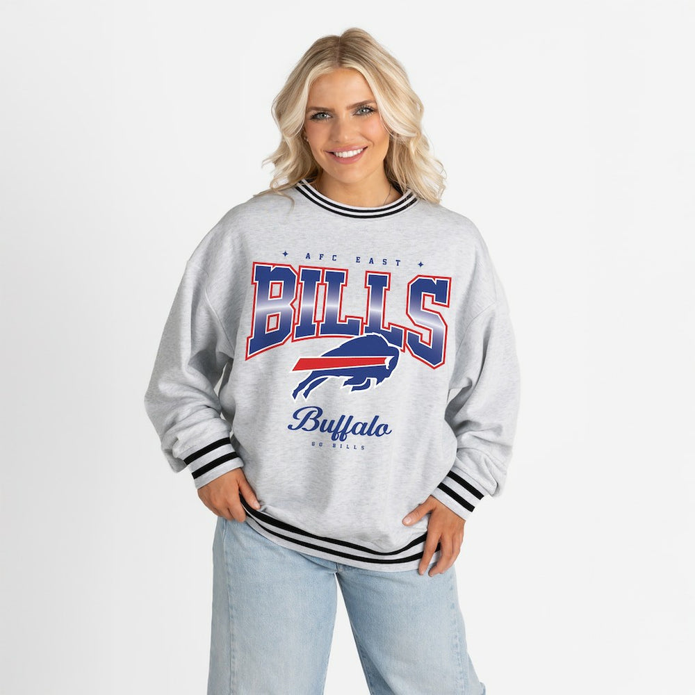 Gameday Couture Women's Oversized Gridiron Drive Ringer Stripe Sweatshirt - Buffalo Bills