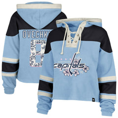 NHL Light Blue Alexander Ovechkin Washington Capitals '47 Women's Cherry Blossom Superior Lacer Cropped Pullover Hoodie