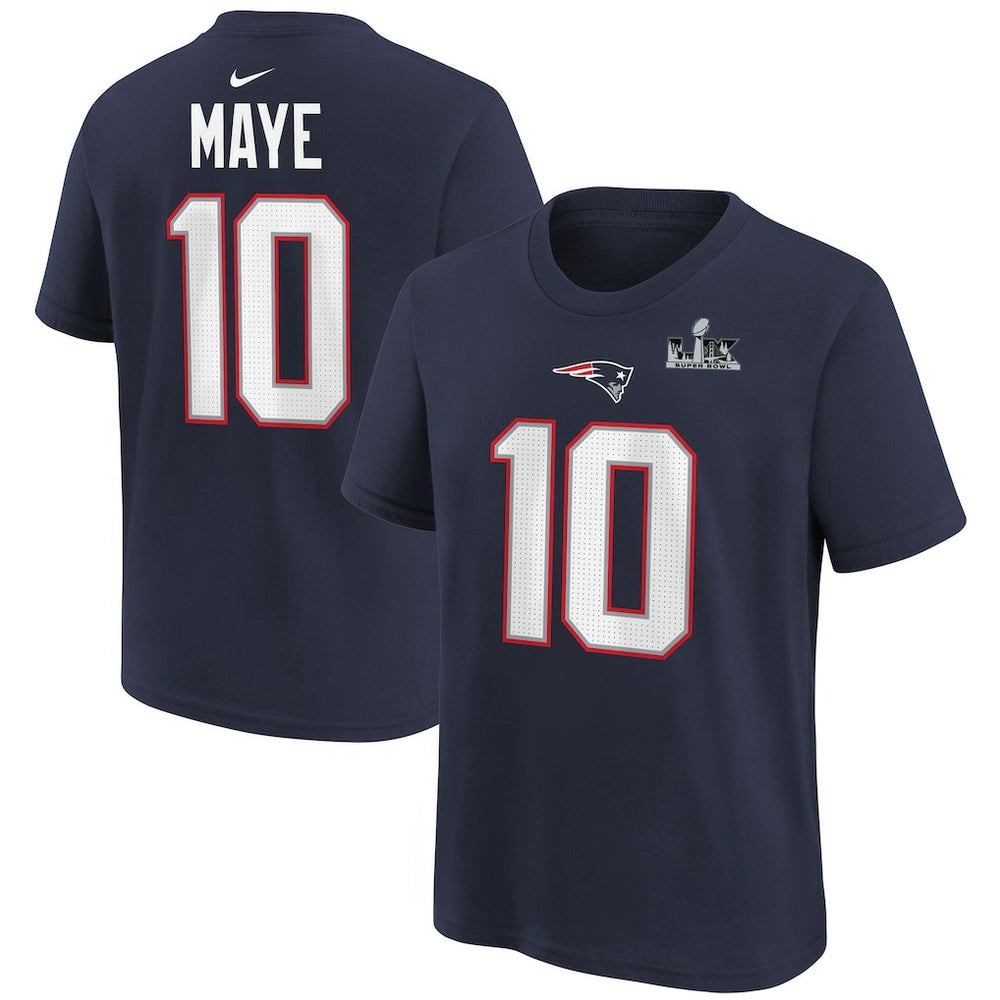 Drake Maye Youth Super Bowl LX Patch Name & Number T-Shirt - New England Patriots