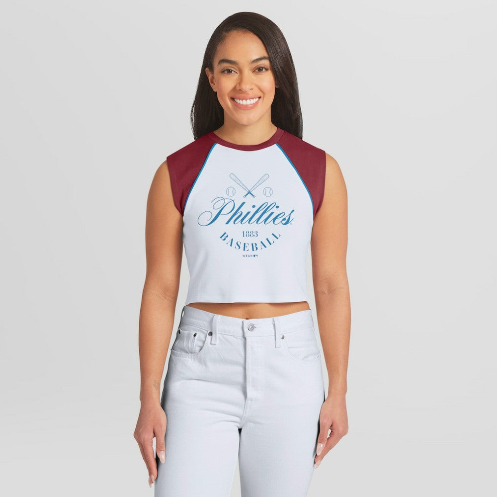MLB Philadelphia Phillies WEAR by Erin Andrews Women's Cooperstown Cropped Raglan Tank Top