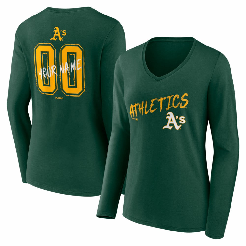 MLB Athletics Women's Hustle Personalized Name & Number Long Sleeve V-Neck T-Shirt