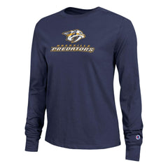 NHL Navy Nashville Predators Champion Women's Wordmark Lockup Long Sleeve T-Shirt