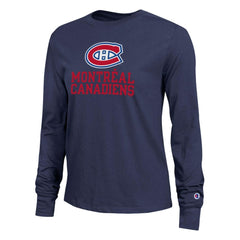 NHL Navy Montreal Canadiens Champion Women's Wordmark Lockup Long Sleeve T-Shirt