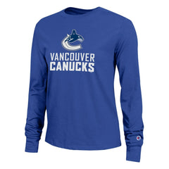 NHL Royal Vancouver Canucks Champion Women's Wordmark Lockup Long Sleeve T-Shirt