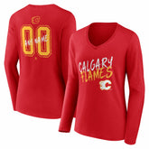 NHL Red Calgary Flames Women's Hustle Personalized Name & Number Long Sleeve V-Neck T-Shirt