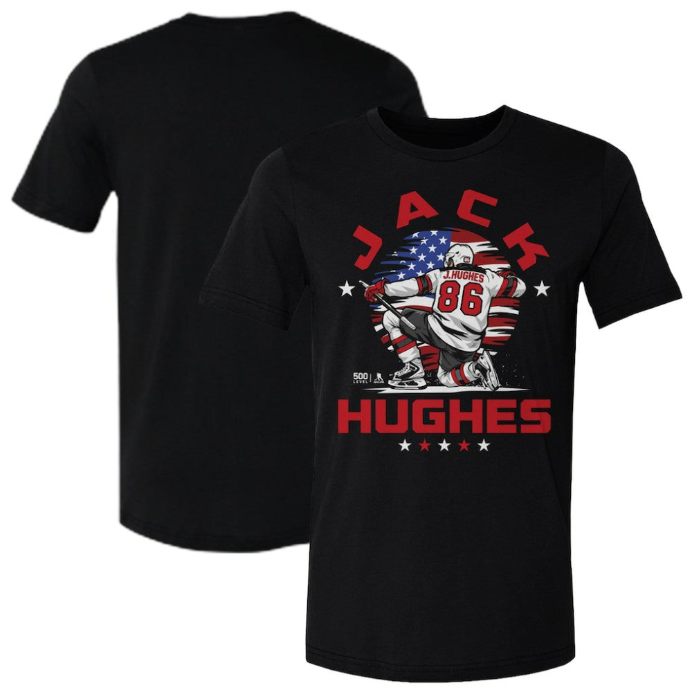 NHL Black Jack Hughes US Men's Hockey 500 Level Flag T-Shirt