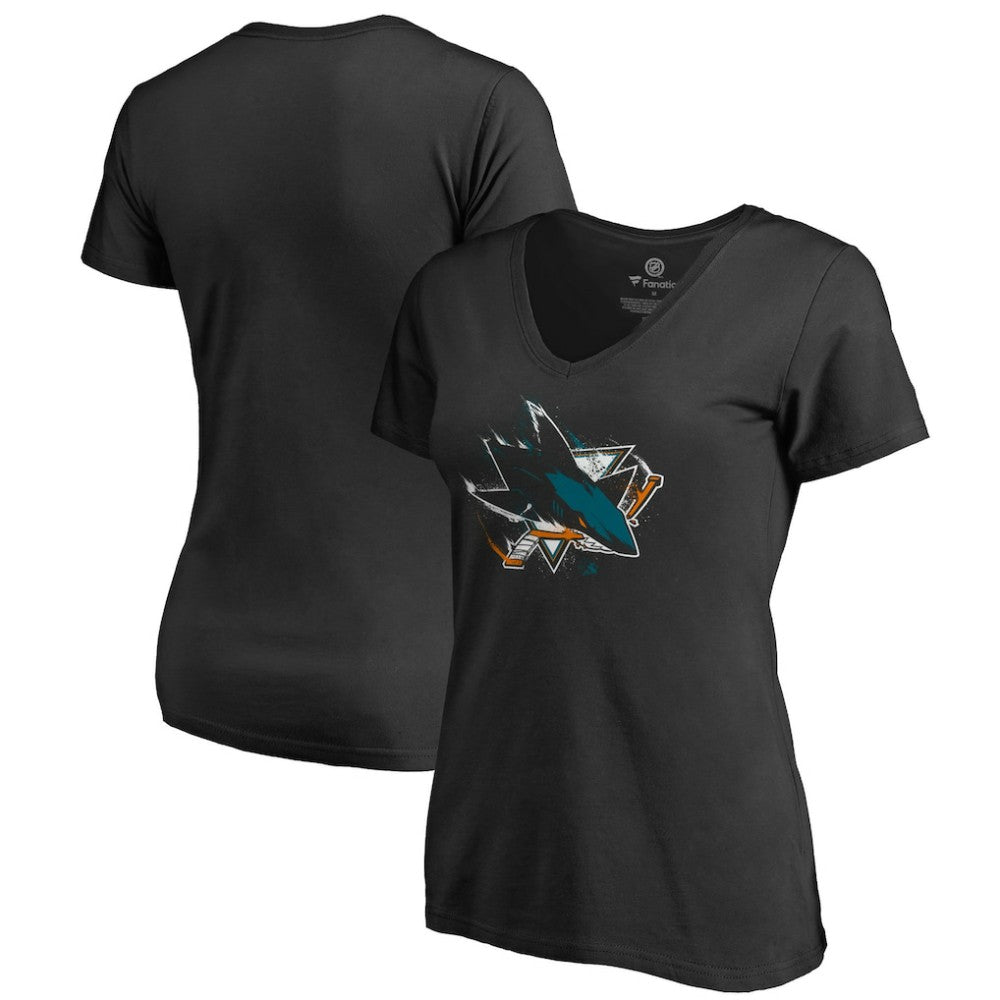 NHL Black San Jose Sharks Women's Splatter Logo V-Neck T-Shirt