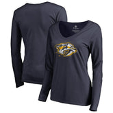 NHL Navy Nashville Predators Women's Splatter Logo V-Neck Long Sleeve T-Shirt