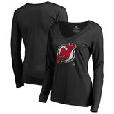 NHL Black New Jersey Devils Women's Splatter Logo V-Neck Long Sleeve T-Shirt