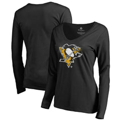 NHL Black Pittsburgh Penguins Women's Splatter Logo V-Neck Long Sleeve T-Shirt